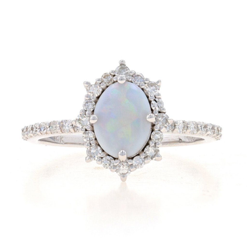 White Gold Opal & Diamond Halo Ring - 14k Oval Cabochon 1.28ctw Stackable